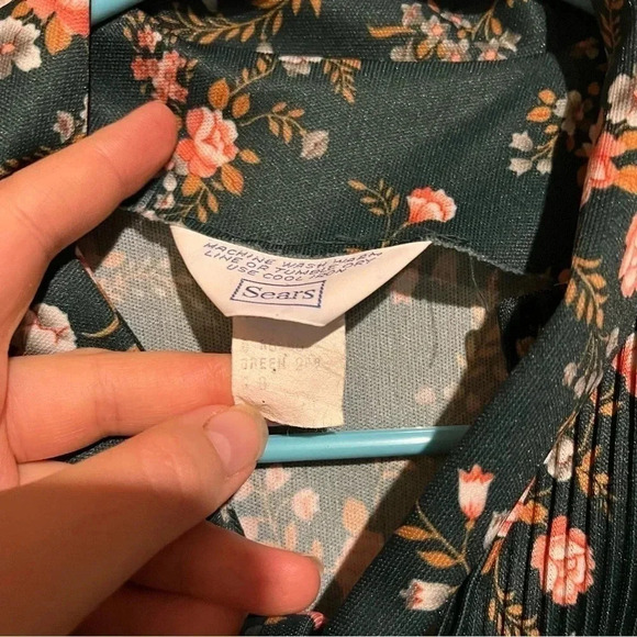 Vintage SEARS Green Floral Bow Tie Front Blouse Top ~ Size S - Picture 5 of 8